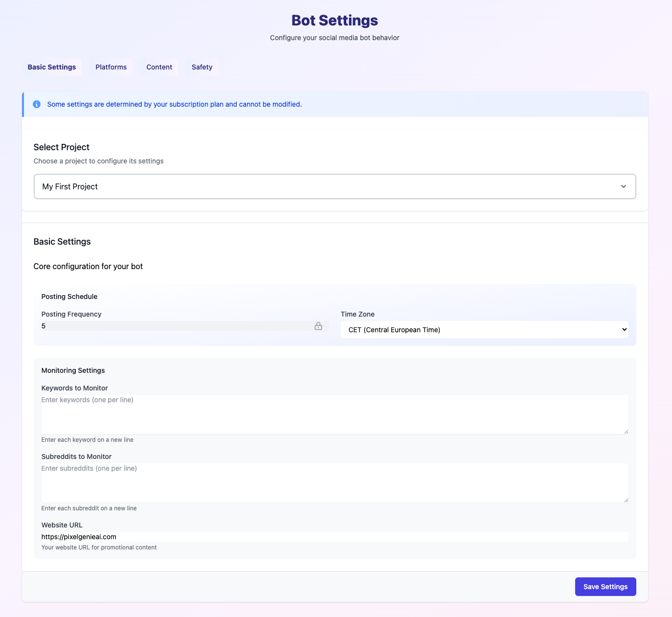 Bot Settings Dashboard